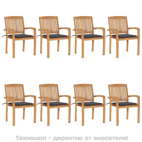 Стифиращи градински столове с възглавници 8 бр тик масив