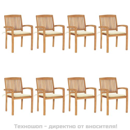 Стифиращи градински столове с възглавници 8 бр тик масив