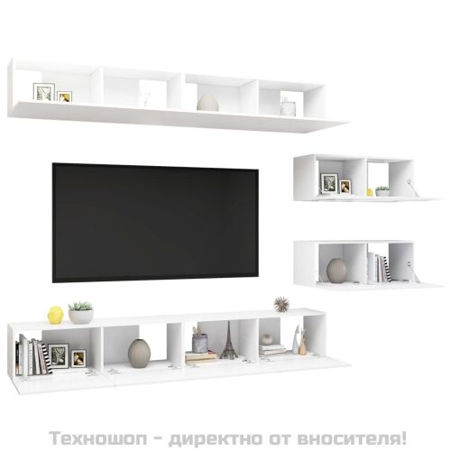 Комплект ТВ шкафове от 6 части, бял, инженерно дърво