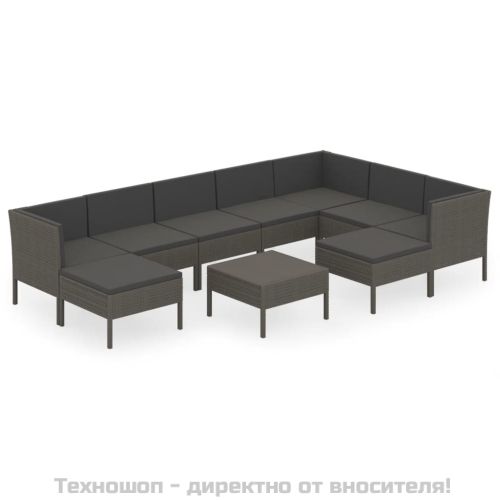 Градински лаундж комплект с възглавници 10 части полиратан сив