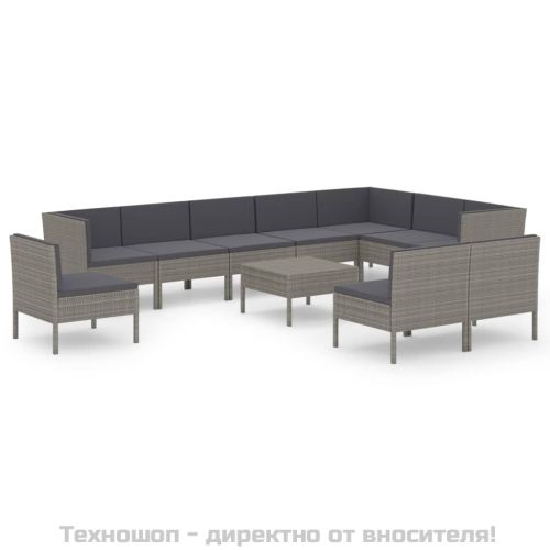 Градински лаундж комплект с възглавници 11 части полиратан сив