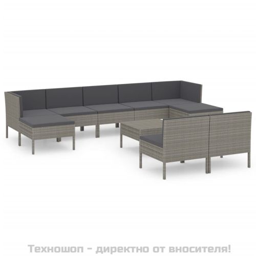 Градински лаундж комплект с възглавници 10 части полиратан сив