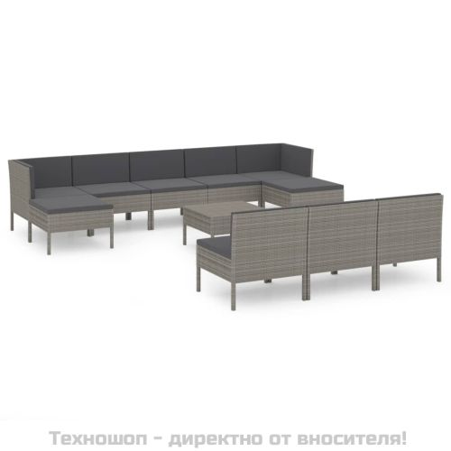 Градински лаундж комплект с възглавници 11 части полиратан сив