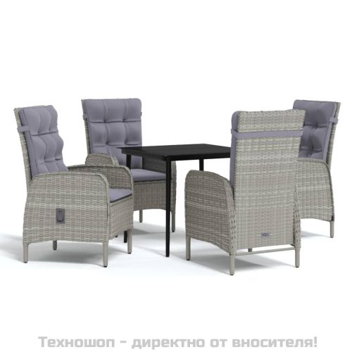 Градински трапезен комплект с възглавници 5 части, сиво и черно