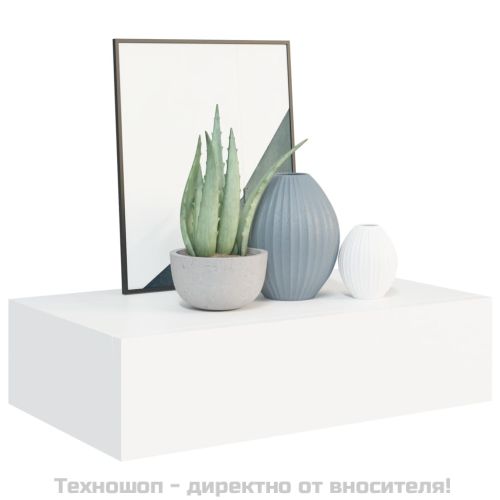 Стенен рафт с чекмедже, бял, 40x23,5x10 см, МДФ