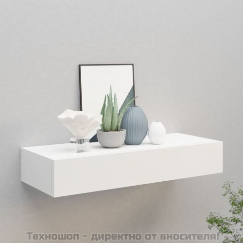 Стенен рафт с чекмедже, бял, 60x23,5x10 см, МДФ
