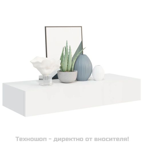 Стенен рафт с чекмедже, бял, 60x23,5x10 см, МДФ