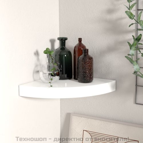 Плаващ ъглов рафт, бял гланц, 25x25x3,8 см, MDF