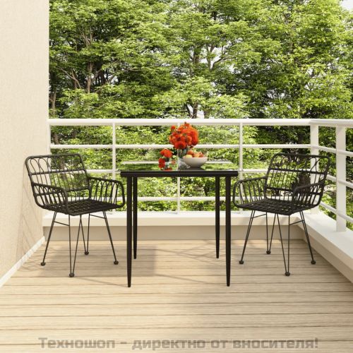 Градински трапезен комплект, 3 части, черен, полиратан