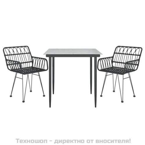 Градински трапезен комплект, 3 части, черен, полиратан