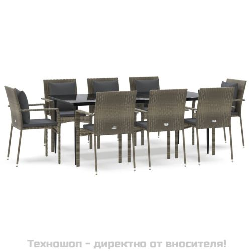 Градински трапезен комплект 9 части с възглавници сив полиратан