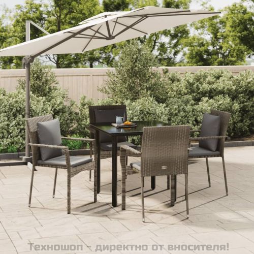 Градински трапезен комплект 5 части с възглавници сив полиратан