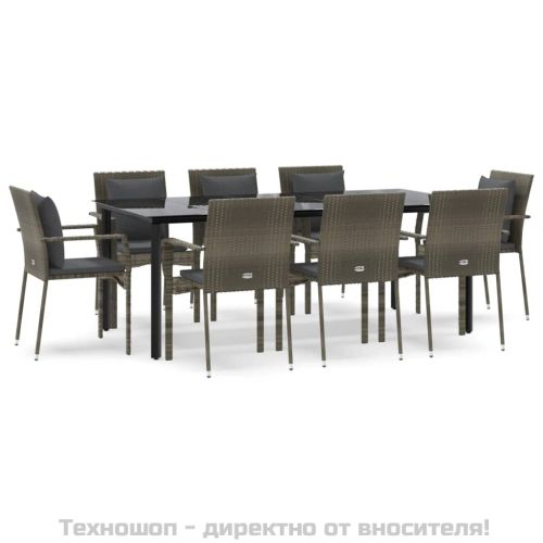 Градински трапезен комплект 9 части с възглавници сив полиратан