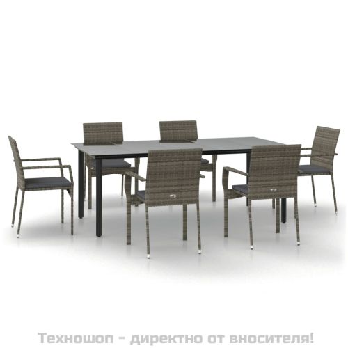 Градински трапезен комплект 7 части с възглавници сив полиратан