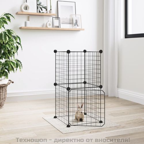 Клетка за животни с врата, 8 панела, черна, 35x35 см, стомана