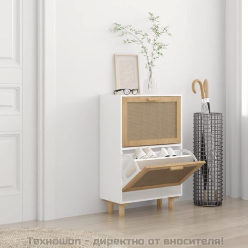 Шкаф за обувки бял 52x25x80 см инженерно дърво и ратан