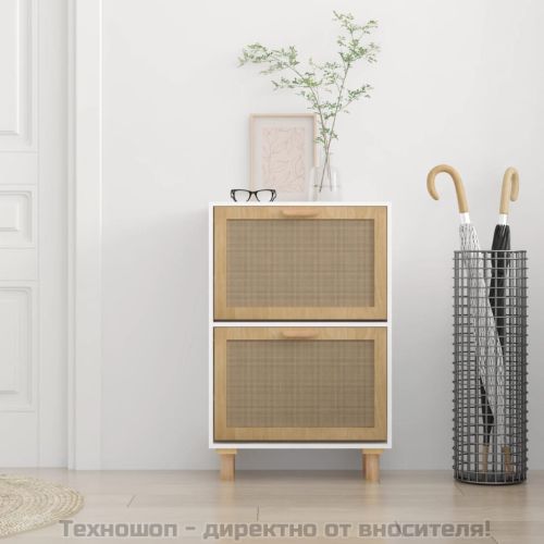 Шкаф за обувки бял 52x25x80 см инженерно дърво и ратан