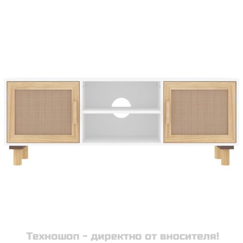 ТВ шкаф, бял, 105x30x40 см, бор масив и естествен ратан