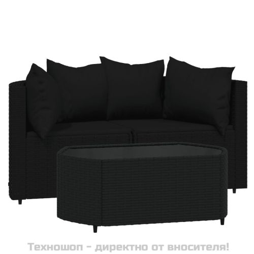 Градински лаундж комплект с възглавници 3 части черен полиратан