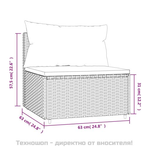 Градински среден диван с възглавници, сив, полиратан