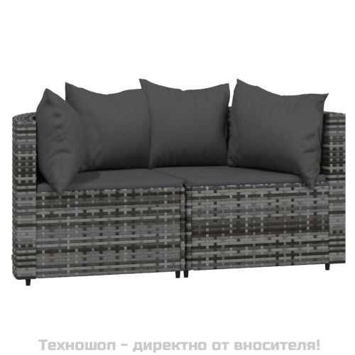 Градински лаундж комплект с възглавници 3 части сив полиратан