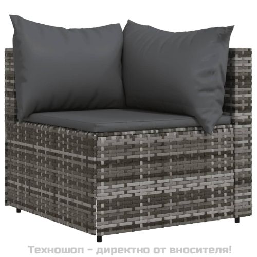 Градински ъглов диван с възглавници, сив, полиратан