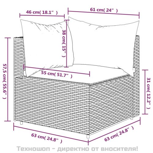 Градински ъглов диван с възглавници, сив, полиратан