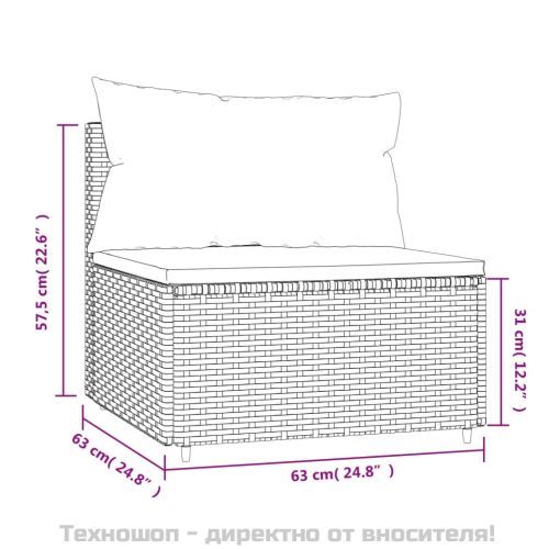 Градински среден диван с възглавници, сив, полиратан