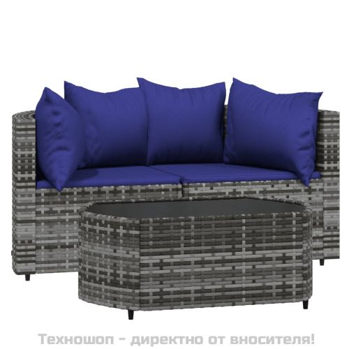 Градински лаундж комплект с възглавници 3 части сив полиратан