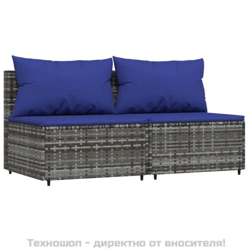 Градински лаундж комплект с възглавници 3 части сив полиратан