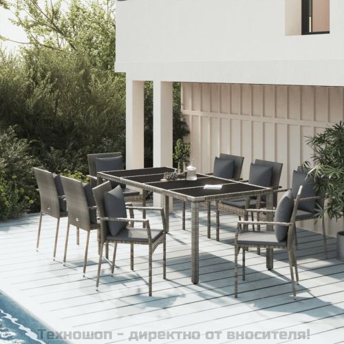 Градински трапезен комплект 9 части с възглавници сив полиратан