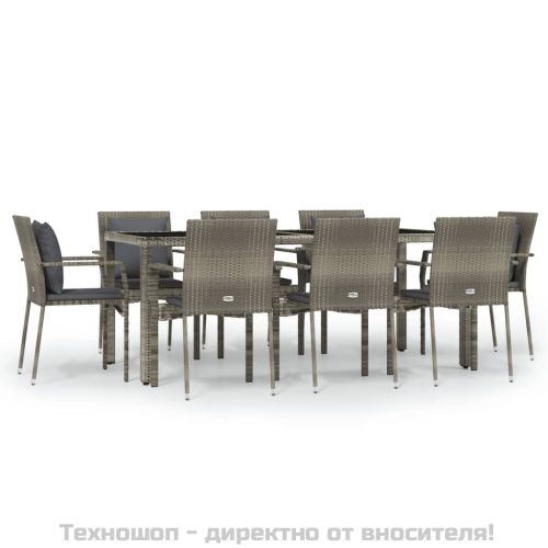 Градински трапезен комплект 9 части с възглавници сив полиратан