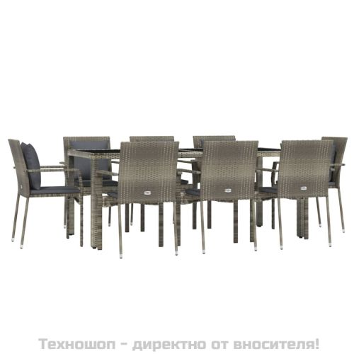 Градински трапезен комплект 9 части с възглавници сив полиратан