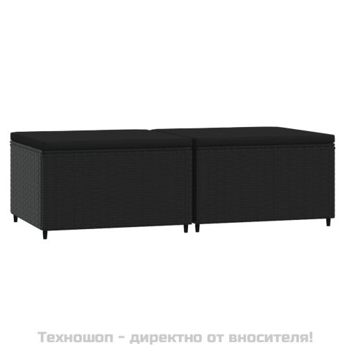 Градински табуретки с възглавници, 2 бр, черен полиратан