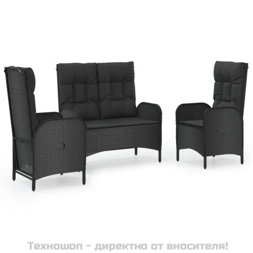Градински комплект от 3 части с възглавници черни полиратан