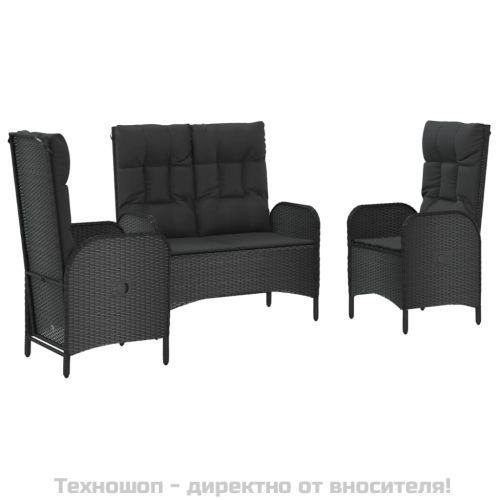 Градински комплект от 3 части с възглавници черни полиратан