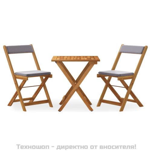 Сгъваем бистро комплект, 3 части, с възглавници, акация масив