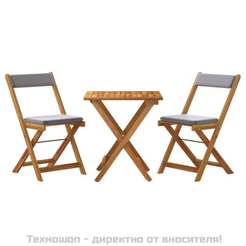 Сгъваем бистро комплект, 3 части, с възглавници, акация масив