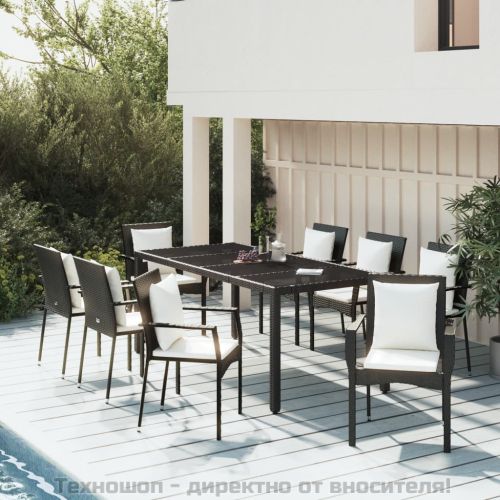 Градински трапезен комплект възглавници 9 части черен полиратан