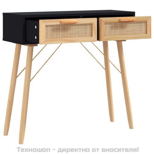 Конзолна маса, черна, 80x30x75 см, бор масив и естествен ратан