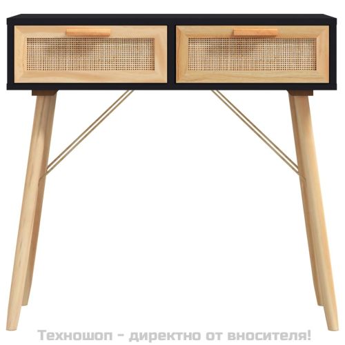 Конзолна маса, черна, 80x30x75 см, бор масив и естествен ратан