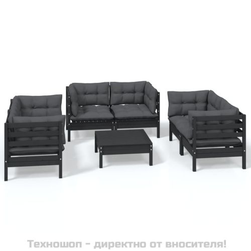 Градински лаундж комплект с възглавници, 7 части, бор масив