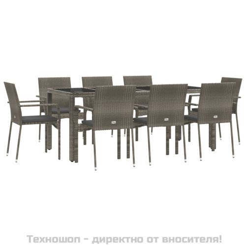 Градински трапезен комплект 9 части с възглавници сив полиратан
