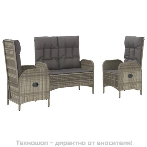 Градински трапезен комплект 3 части с възглавници сив полиратан