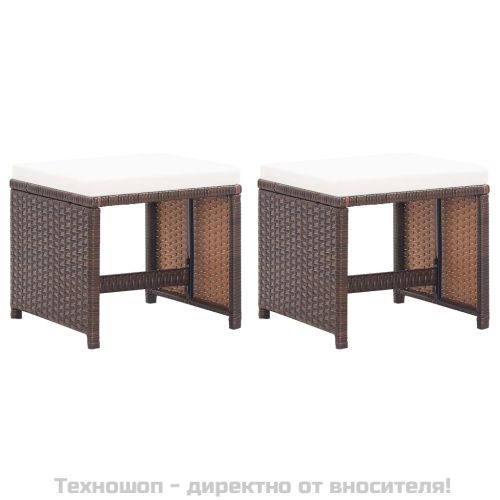 Градински табуретки с възглавници, 2 бр, полиратан, кафяви