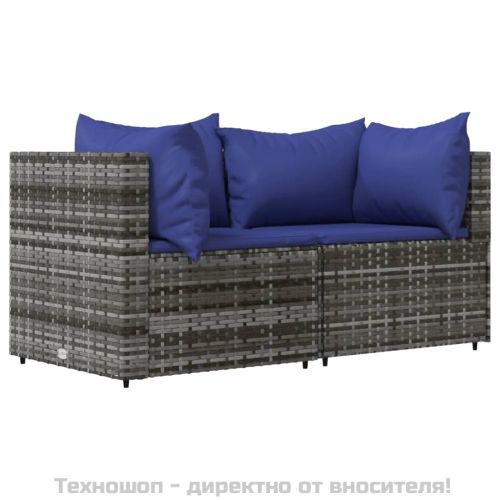 Градински лаундж комплект с възглавници 3 части сив полиратан
