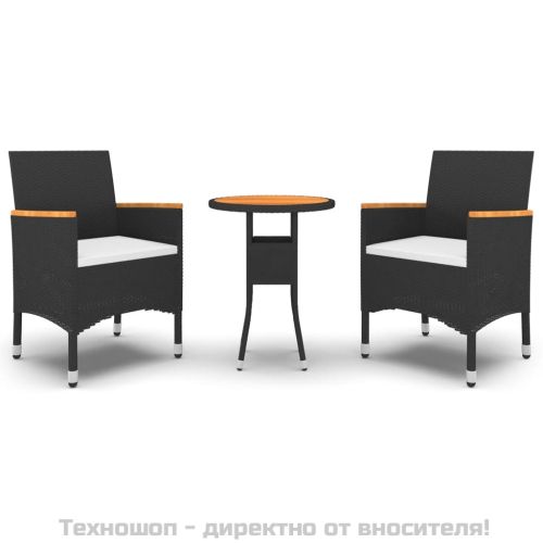 Градински трапезен комплект, 3 части, полиратан, черен