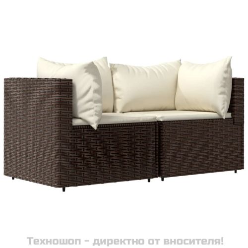 Градински комплект с възглавници, 3 части, кафяв, полиратан