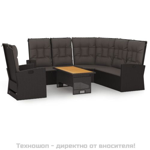 Градински лаундж комплект с възглавници 3 части черен полиратан