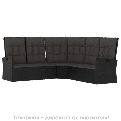 Градински лаундж комплект с възглавници 3 части черен полиратан